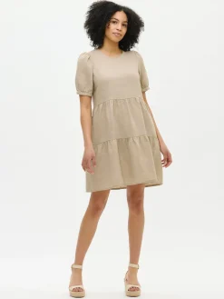 Pellavavaatteet|Mekot-Nanso SARASTUS lyhyt pellavamekko - Beige