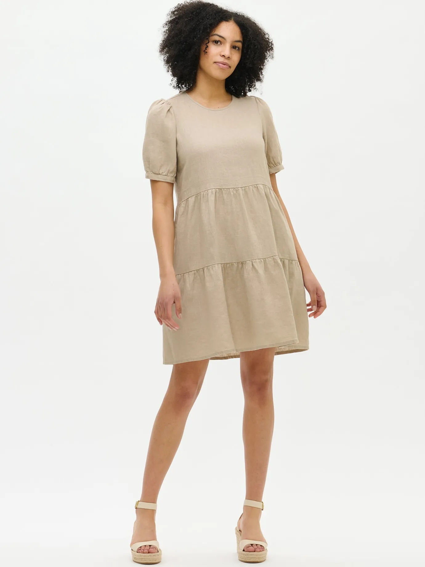 Pellavavaatteet|Mekot-Nanso SARASTUS lyhyt pellavamekko - Beige