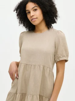 Pellavavaatteet|Mekot-Nanso SARASTUS lyhyt pellavamekko - Beige